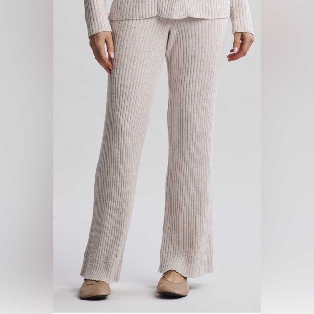 Barefoot Dreams CozyChic Ultra Lite Lurex Rib Wide Leg Pant Chai Cream M NWT